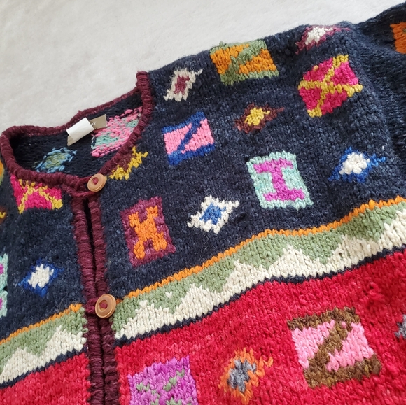Vtg Wool Cardigan Sweater Womens Medium Aztec 90s Colorful - Picture 11 of 13